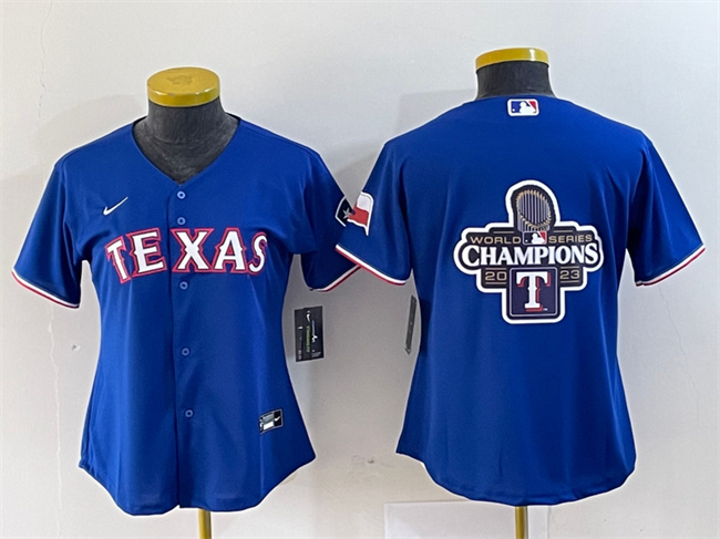 Women's Texas Rangers Royal 2023 World Series Champions Big Logo With Patch Stitched Baseball Jersey(Run Small)